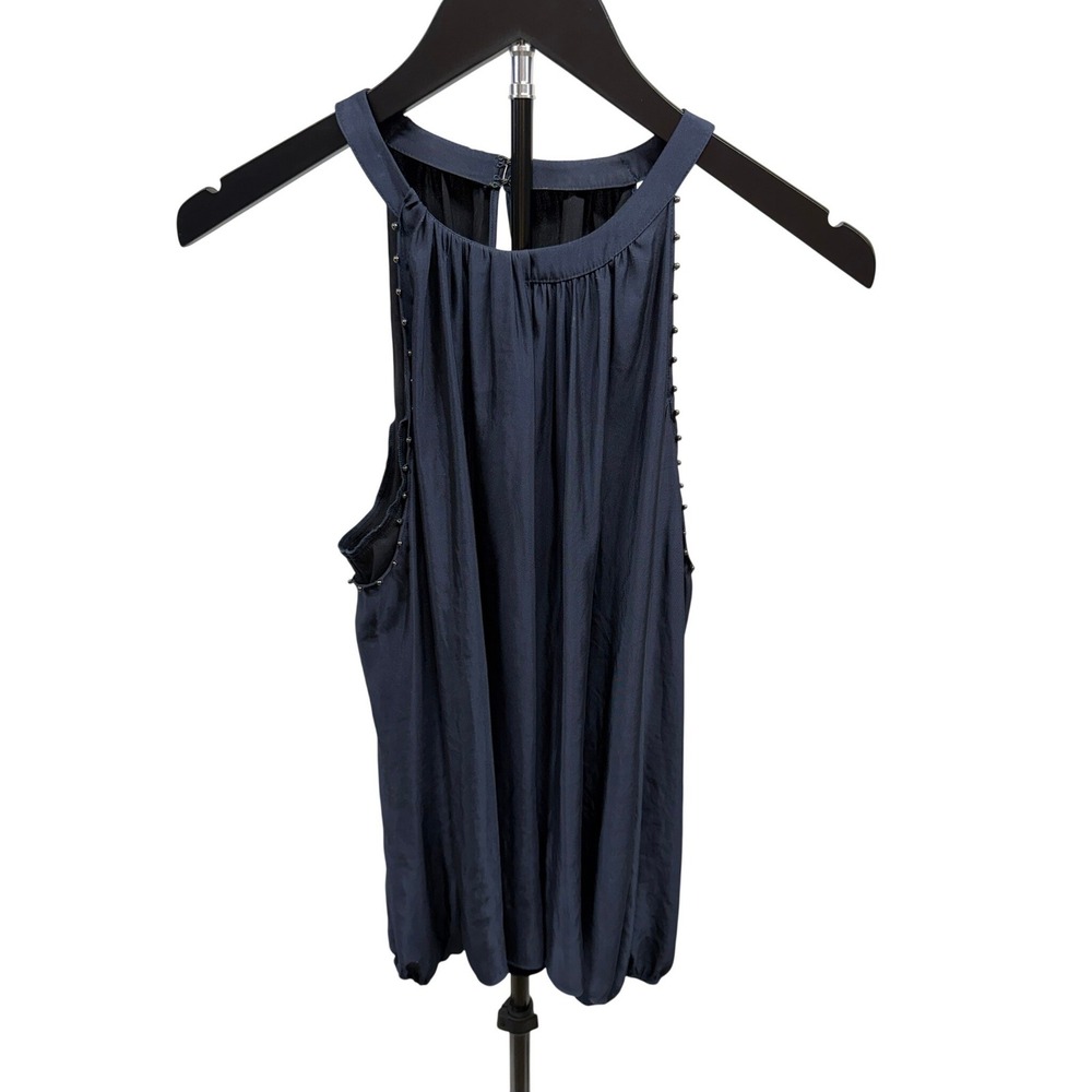 Ramy‎ Brook Women's Small Navy Satin Cold Shoulder Beaded Trim High Neck Blouse